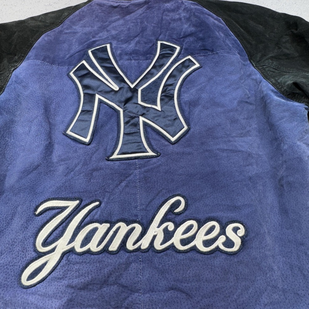 Vintage New York Yankees Leather Jacket Mens Medium Blue Black MLB GIII Bomber - Picture 6 of 16